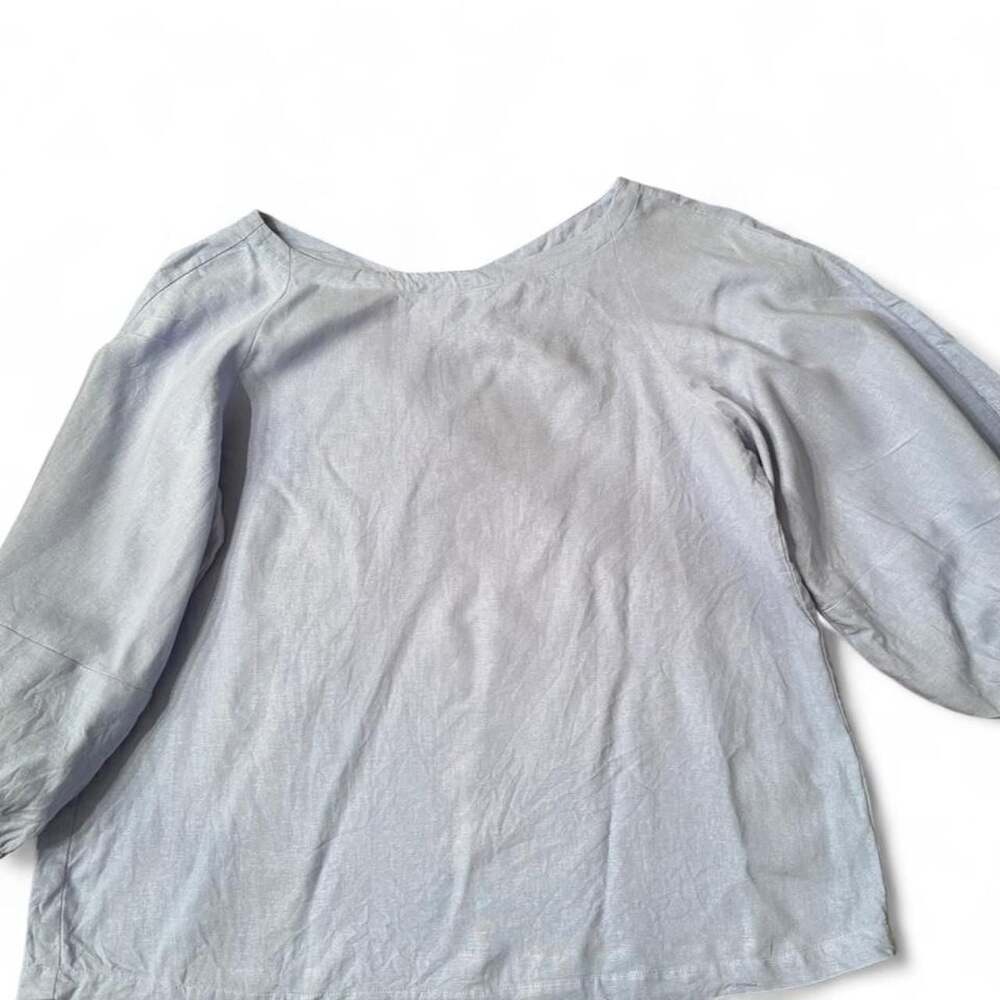 LOFT Petites Blue Linen Blend Balloon Sleeve Top